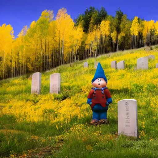 Image similar to landscape of Aspen Cemetery with a small orangish colored gnome who is cute and childlike with a hat and tabard leaning against a tombstones, fantasy, faerie, spirit, whimsical