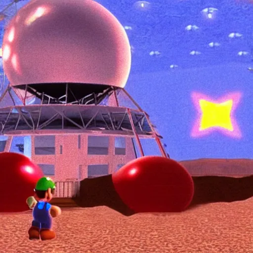 Prompt: a still of close encounters of the third kind, 1 9 9 6 super mario 6 4 graphics nintendo 6 4 visuals aesthetic