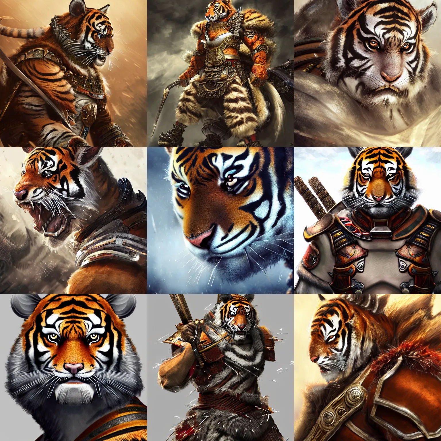 Image similar to realistic detailed semirealism tiger man wearing samurai armor. Tiger_character, tiger_beast, 獣, FFXIV, iconic character splash art, Detailed fur, detailed metal textures, 4K high resolution quality artstyle professional artists WLOP, Aztodio, Taejune Kim, Guweiz, Pixiv, Instagram, Artstation