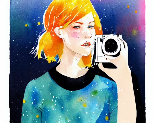 Prompt: pale young woman with bright blonde hair, freckles, bright eyes and a wide face, flowery dress, she is holding a professional dslr camera close to her face with one hand, dramatic lighting, bright flare, expressive, minimal watercolor art by conrad roset