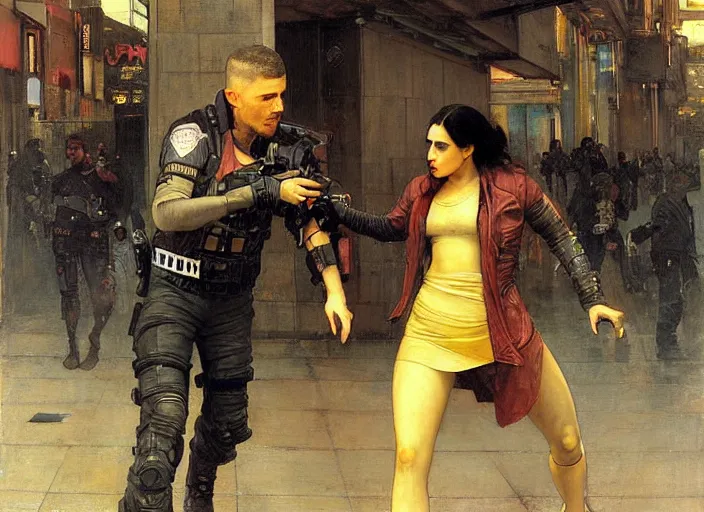 Image similar to Maria evades sgt Griggs. Cyberpunk hacker escaping Menacing Cyberpunk mall cop griggs. (dystopian, police state, Cyberpunk 2077, bladerunner 2049). Iranian orientalist portrait by john william waterhouse and Edwin Longsden Long and Theodore Ralli and Nasreddine Dinet, oil on canvas. Cinematic, vivid colors, hyper realism, realistic proportions, dramatic lighting, high detail 4k