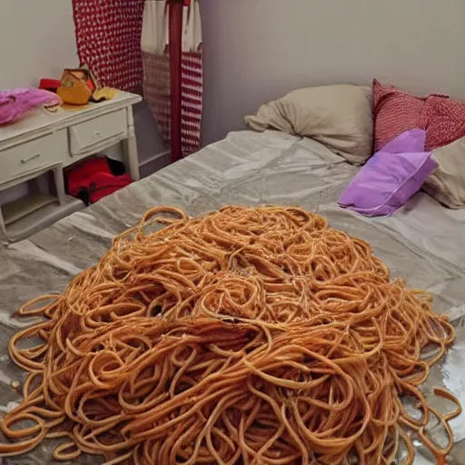 Image similar to why is my bedroom full of spaghetti?,