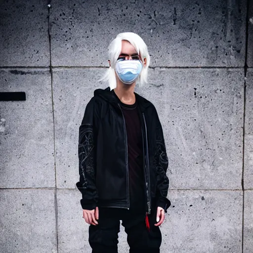 Image similar to very cool girl, white hair girl with mask, streetwear, techwear, cyberpunk style outfit, full body nose piercing, detailed portrait, intricate composition