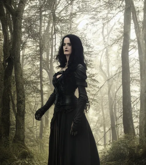 Image similar to 5 5 mm close up portrait photo of eva green as yennefer of vengerberg in black leather armor and long black fluff hair, in a forest. magical atmosphere. art by greg rutkowski. lifelike. very detailed 8 k. intricate. soft light. nikon d 8 5 0.