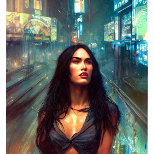 Prompt: megan fox, full figure, extreme long shot view, hyperrealistic, bladerunner street, art of elysium by jeremy mann and alphonse mucha, fantasy art, photo realistic, dynamic lighting, artstation, poster, volumetric lighting, very detailed face, 4 k, award winning