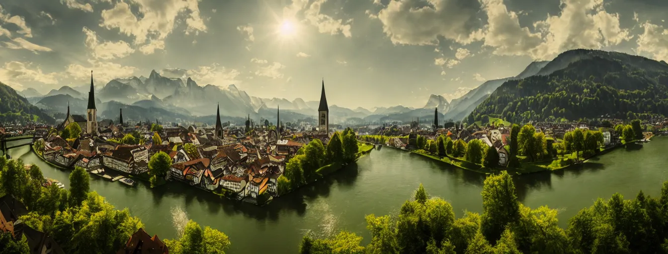 Image similar to Photo of Zurich, looking down the river at the lake and the alps, Hardturm, Grossmünster, wide angle, trees, volumetric light, hyperdetailed, green water, artstation, cgsociety, 8k