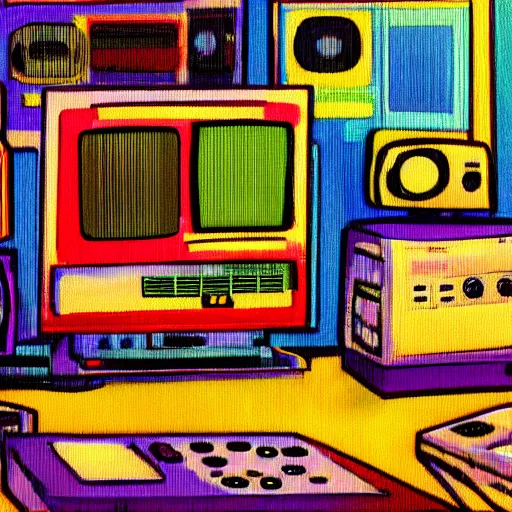 Image similar to array of crt televisions, fuzzy, tv static, antenna, stacked, polaroid, steroids, adult video store, impressionist painting, painting, acrylic painting, cell shaded