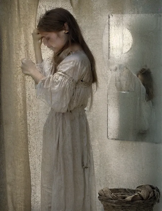 Prompt: peasant girl looking in a mirror in a bathroom, cottage core, polaroid photo bleached vintage pastel colors high - key lighting, soft lights, foggy, by steve hanks, by lisa yuskavage, by serov valentin, by tarkovsky, detailed, oil on canvas