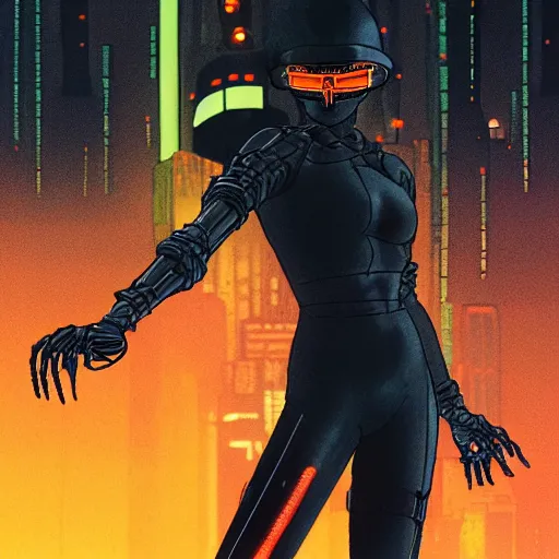 Image similar to bladerunner women wearing a black or orange jumpsuit and a biomechanical mask with glowing eyes in the style of akira, dynamic pose, smooth, sharp focus, hat lines, filmgrain, zeiss lens, 9 0 s anime,