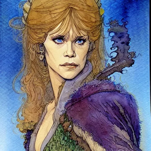 Image similar to a realistic and atmospheric watercolour fantasy character concept art portrait of a young jane fonda in her 2 0 s as a druidic warrior wizard looking at the camera with an intelligent gaze by rebecca guay, michael kaluta, charles vess and jean moebius giraud