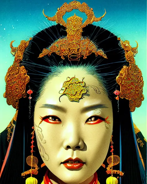 Prompt: chinese empress, character portrait, portrait, close up, concept art, intricate details, highly detailed, ornate, chinese patterns, soft light, vintage sci - fi poster, in the style of chris foss, rodger dean, moebius, michael whelan, and gustave dore