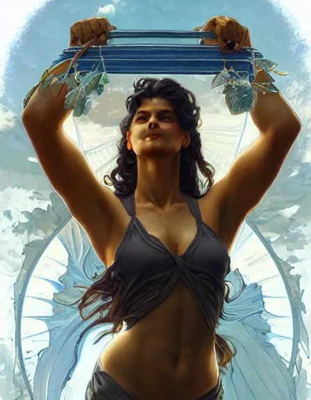 Image similar to climate change personified. sun, summer, strength, knowledge, portrait, symmetrical, highly detailed, digital painting, artstation, smooth, sharp focus, illustration, strength, art by artgerm and greg rutkowski and alphonse mucha and louis theophile hingre