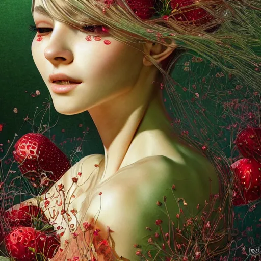 Prompt: the portrait of an absurdly beautiful, graceful, elegant, young woman made of strawberries and green petals shy, an ultrafine hyperdetailed illustration by kim jung gi, irakli nadar, intricate linework, bright colors, octopath traveler, final fantasy, angular, unreal engine 5 highly rendered, global illumination, radiant light, detailed and intricate environment