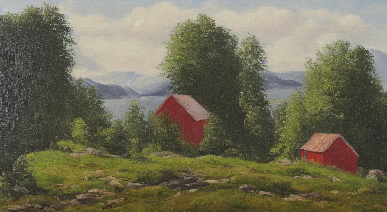 Prompt: a landscape painting of a norwegian house
