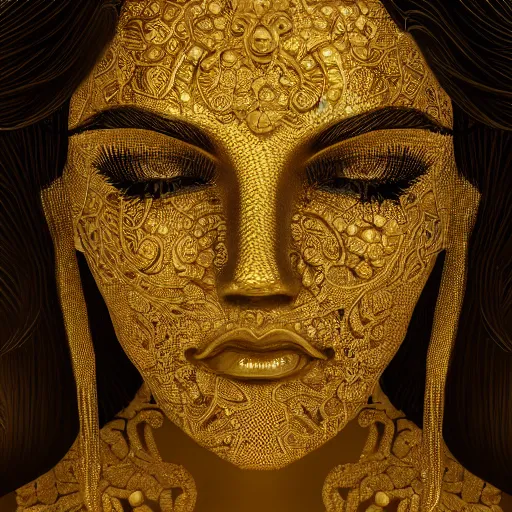 Prompt: epic deatailed golden statue of a beautiful female, surrounded by intricate gold lace metalwork on a black smokey background, close up face, modern art, trending on Artstation