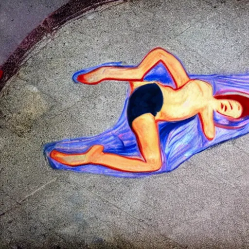 Image similar to subdued aerial view by edvard munch. a street art of a woman reclining on a bed.