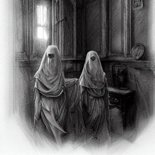 Image similar to close up of ghosts in a haunted house, pencil sketch, realistic shaded, fine details, realistic shaded lighting poster by greg rutkowski