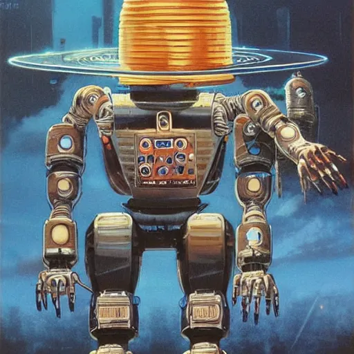 Image similar to robot wearing a bucket hat, by John Harri and Michael Whelan and John Berkey and Robert McCall and Chris Foss and Chris Moore and Vincent Di Fate and Rafał Olbiński and Jim Burns