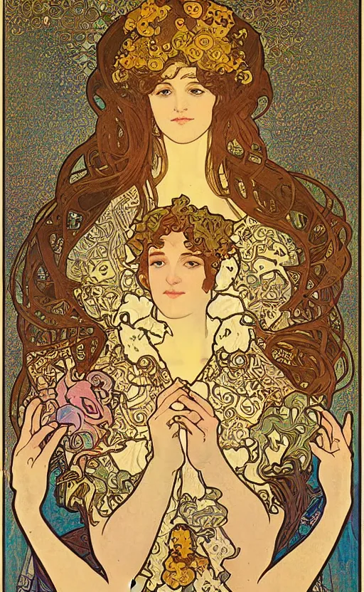 Prompt: a combination of the art styles of Alphonse Mucha and Gustav Klimt, faded colors