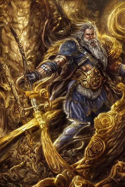 Image similar to mythological odin all father supreme God of thunder and smithing and artificial intelligence creating an artificial neural network with gold synapses on an anvil with his mighty hammer, high resolution, award winning art, trending on art station, sharp image, incredibly detailed, detailed character realistic painting