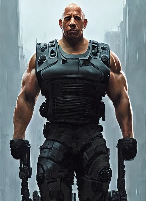 Image similar to vin diesel as victor stone, full body concept, cyborg, borg, strogg, face of a man, terminator, flesh, quake strogg, doom demon, wolfenstein, monstrous, powerful, symmetry, symmetrical, concept art by ruan jia and greg rutkowski