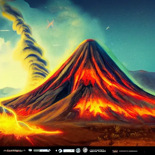 a volcano in eruption with ancient ruins,retrowave | Stable Diffusion ...