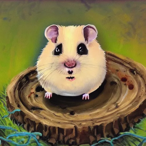 Image similar to an acryl painting of a horror hamster creature in an old ruin swamp village
