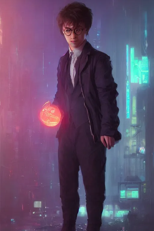 Image similar to portrait of Ron Wisly from harry potter in cyberpunk, neon lighting, night city, digital art from artstation by Ruan Jia and Mandy Jurgens and Artgerm and william-adolphe bouguereau and Greg Rutkowski and Wayne Barlowe