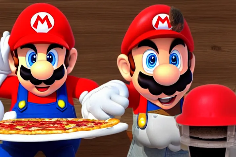 Image similar to super mario working at pizza hut