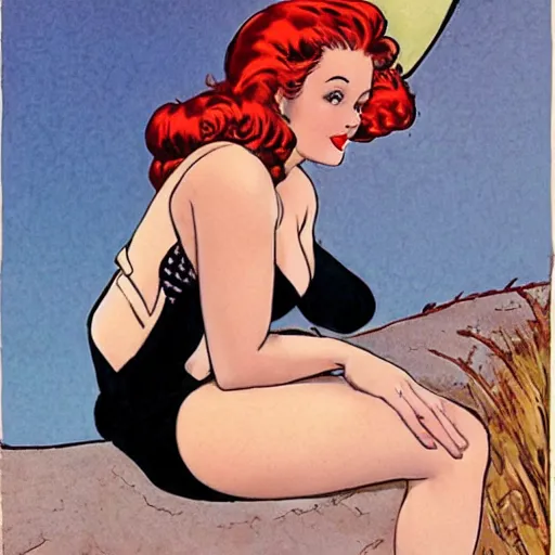 Prompt: a pin up sitting on a crescent moon, by milo manara