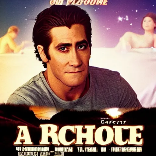 Image similar to a movie poster of Jake Gyllenhaal as patrick Swayze sitting in a hot tub in the movie Road House