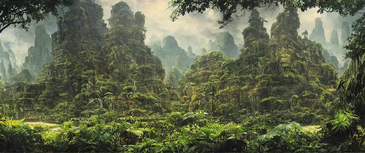 Prompt: matte painting of lost city overgrown with plants, vincent di fate, masterpiece,