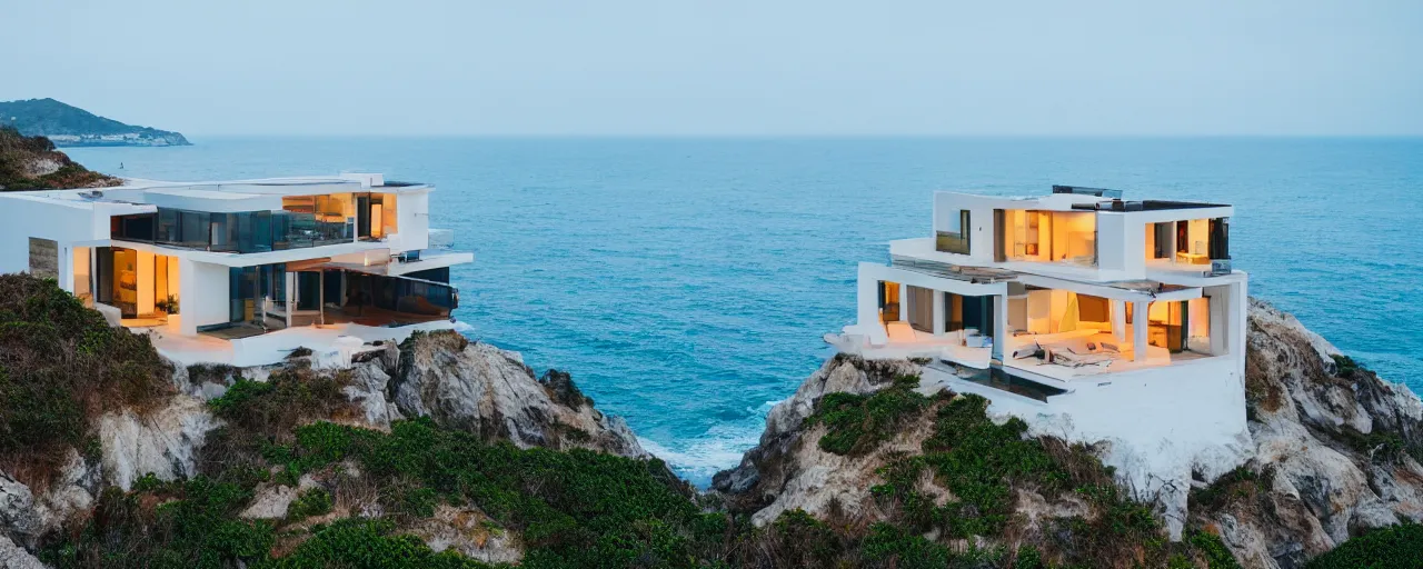 Image similar to cinematic view of beautiful modern villa on a cliff overlooking the ocean, photography