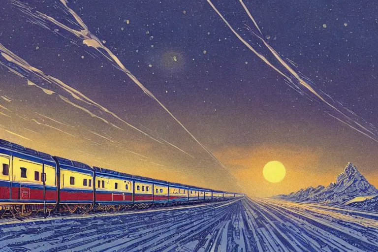 Image similar to trans - siberian express train illustration by joe fenton and syd mead and p. craig russell and barry windsor - smith, artstation, 4 k, graphic novel, concept art, matte painting, beautiful russian winter landscape sunset background, golden hour, art nouveau