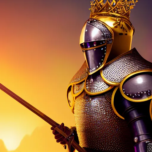 Image similar to a highly detailed knight with glowing purple eyes in a golden helmet and a golden crown with a diamond in the center, golden armor, leather clothes under the armor, leather gloves, holds a black sword, artstation, DeviantArt, professional, octane render, sunset lighting