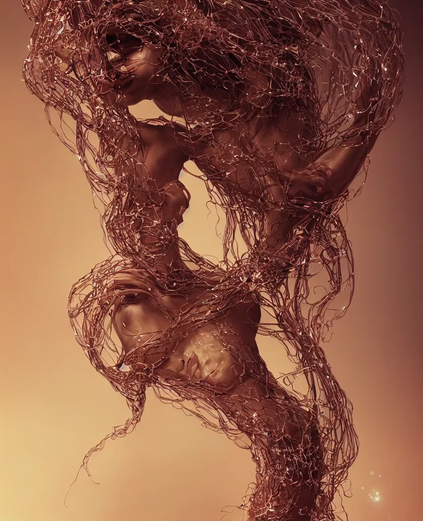 Prompt: beautiful portrait of the goddess of beauty, fleshy tendrils, a string structure, chaoticferrofluids, occult, octane render, glow, surreal dramatic lighting, intricate fine ornaments, translucent, lighting 8k, cinematic, blur, shallow depth of field, neuro web, plasma