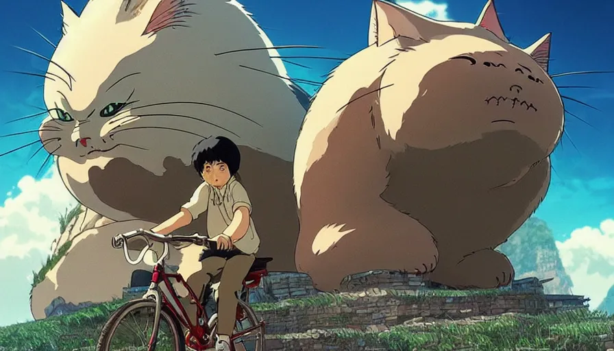 Image similar to the last fat catrider, comedy, graphic art, rgba, 8 k hd resolution, pinterest, dynamic character, 8 k character details, concept art, 8 k ultra realistic, intricate details, ultra detailed, reduce character duplication, in style of hayao miyazaki, by studio ghibli