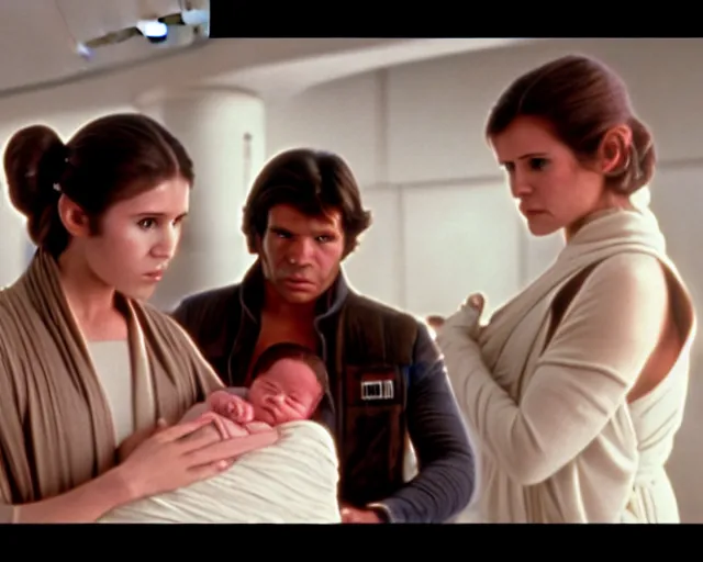 Image similar to screenshot of Han Solo standing next to Princess Leia Organa holding a new born baby in a swaddle, alone, pensive, iconic scene from 1980s Star Wars film directed by Ridley Scott, in a sci fi nursing home architecture, last jedi, 4k HD sharp, cinematic still frame, photoreal, detailed face, moody lighting, stunning cinematography, anamorphic lenses, kodak color film stock