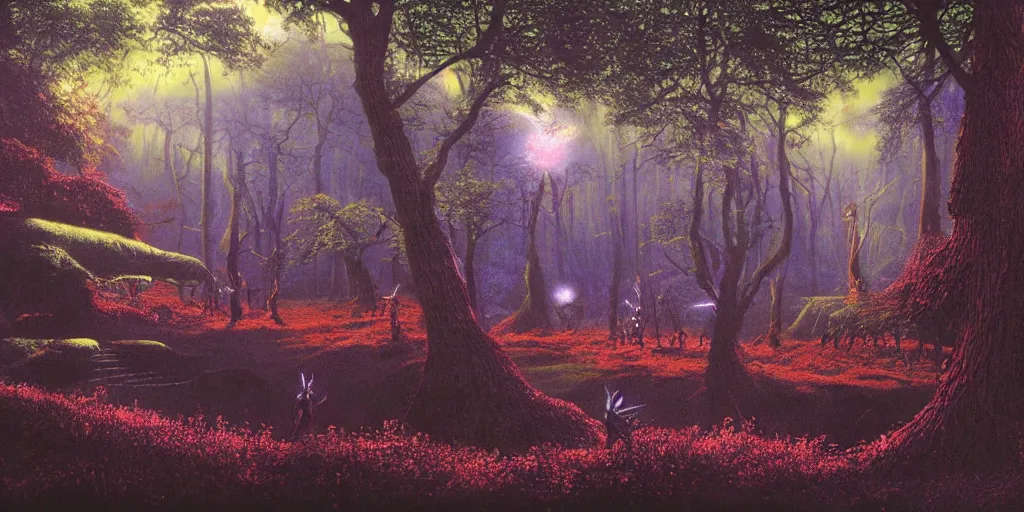 Prompt: Artwork by Tim White of the cinematic view of the Woodland of the Dark Lord.