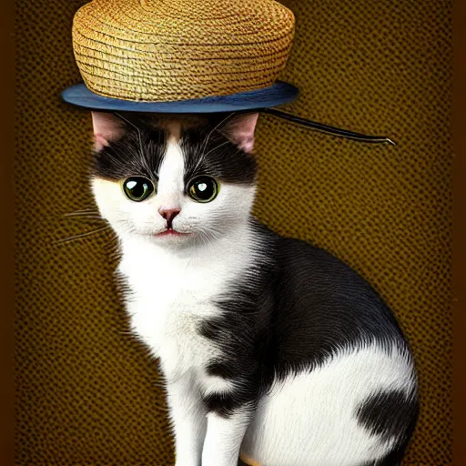 Image similar to cute cat with a straw hat and a pitchfork digital art