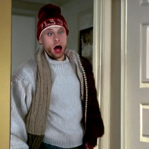 Image similar to Live Action Still of Jerma in Home Alone, real life, hyperrealistic, ultra realistic, realistic, highly detailed, epic, HD quality, 8k resolution, body and headshot, film still