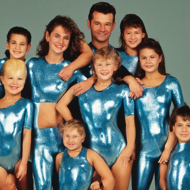 Prompt: a 1990's sears portrait, an incredibly muscular family wearing shiny reflective iridescent latex bodysuits