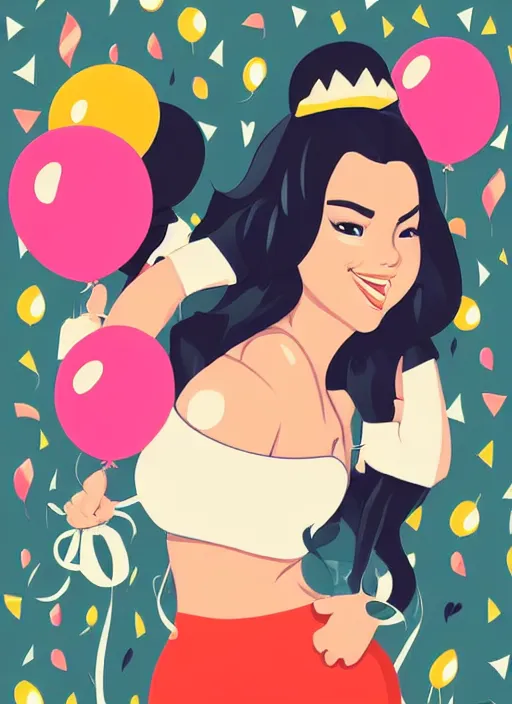 Prompt: curvy woman resembling selena gomez at a birthday party wearing mickey ears. balloons. clean cel shaded vector art. shutterstock. behance hd by lois van baarle, artgerm, helen huang, by makoto shinkai and ilya kuvshinov, rossdraws, illustration,