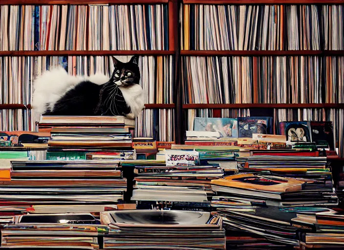 Image similar to photography of a Cat sitting on a pile of books and vinyls. a record player is in the shot. in a room full of vinyls and posters out of the 70's, photorealistic, raining award winning photo, 100mm, sharp, high res