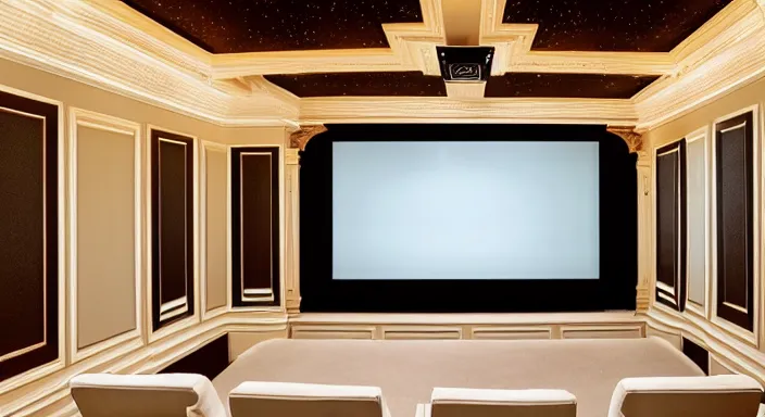 Prompt: 35mm photo of a Home Theater, enjoyable interior design, off-white colors, incandescent-interior-lighting, porch-view, enjoyable-design, warm, style of Neo-classicism, 4k, professional photography, wide-perspective, grand-composition, concept-art, highly-detailed, sublime, dramatic, cinematic