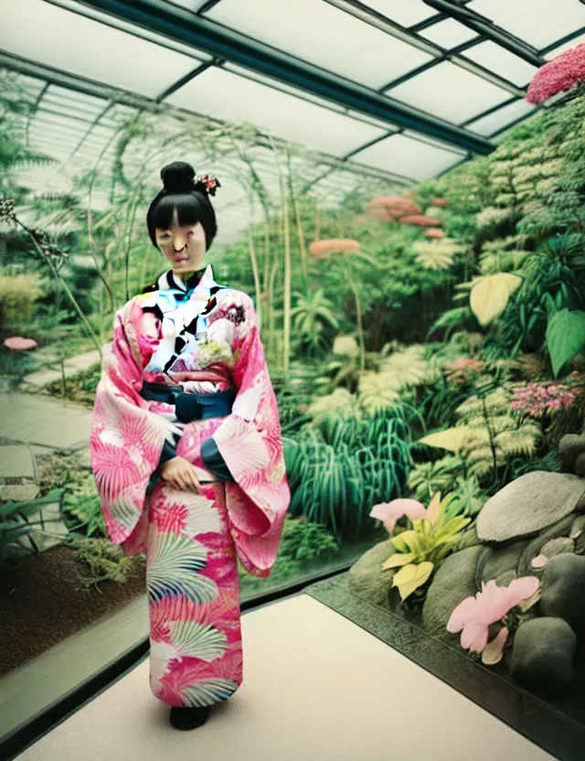 Prompt: photograph of a beautiful Japanese woman wearing a pretty kimono in a tropical greenhouse, by Annie Leibowiz and Alessio Albi, extremely detailed, large format camera, Kodak Portra 400, bokeh, blurred background, photorealistic