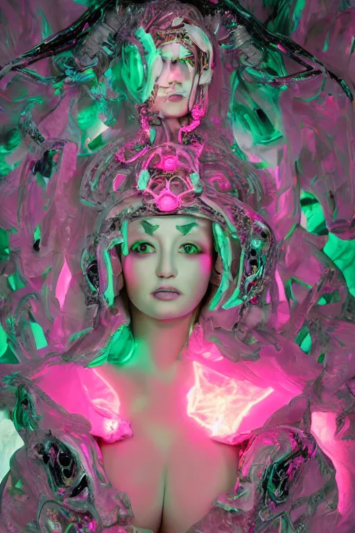 Image similar to photo of fullbody rococo and cyberpunk delicate neon crystalline sculpture of beautiful curvy onyx albino marble goddess as mint iridescent humanoid deity wearing pink plastic hooded cloak holding an onyx skull in a onyx space dungeon, reclining, glowing yellow face, crown of white diamonds, cinematic lighting, photorealistic, octane render 8 k depth of field 3 d