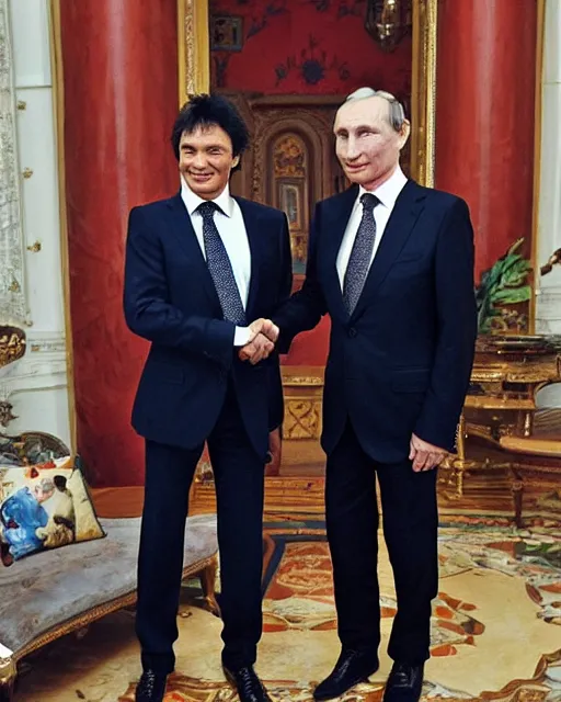 Image similar to sixty years old viktor tsoi with joyful look in a business suit shaking hands with vladimir putin, in kremlin, color photo, mid shot photo, digital photo, high resolution