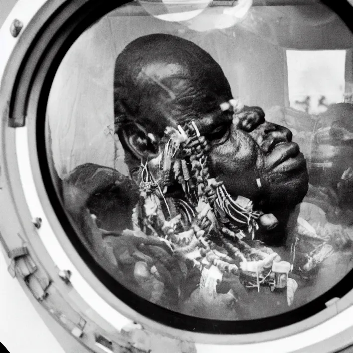 Prompt: analogue photo of an African tribal chief looking out the porthole window of a spaceship, close-up, photo shot by martha cooper, 35mm,