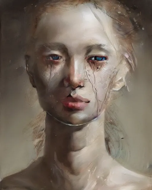 Prompt: crying fashion model, white milk tears, high detail, intricate oil painting, hyperrealism, by tooth wu and wlop and beeple and greg rutkowski